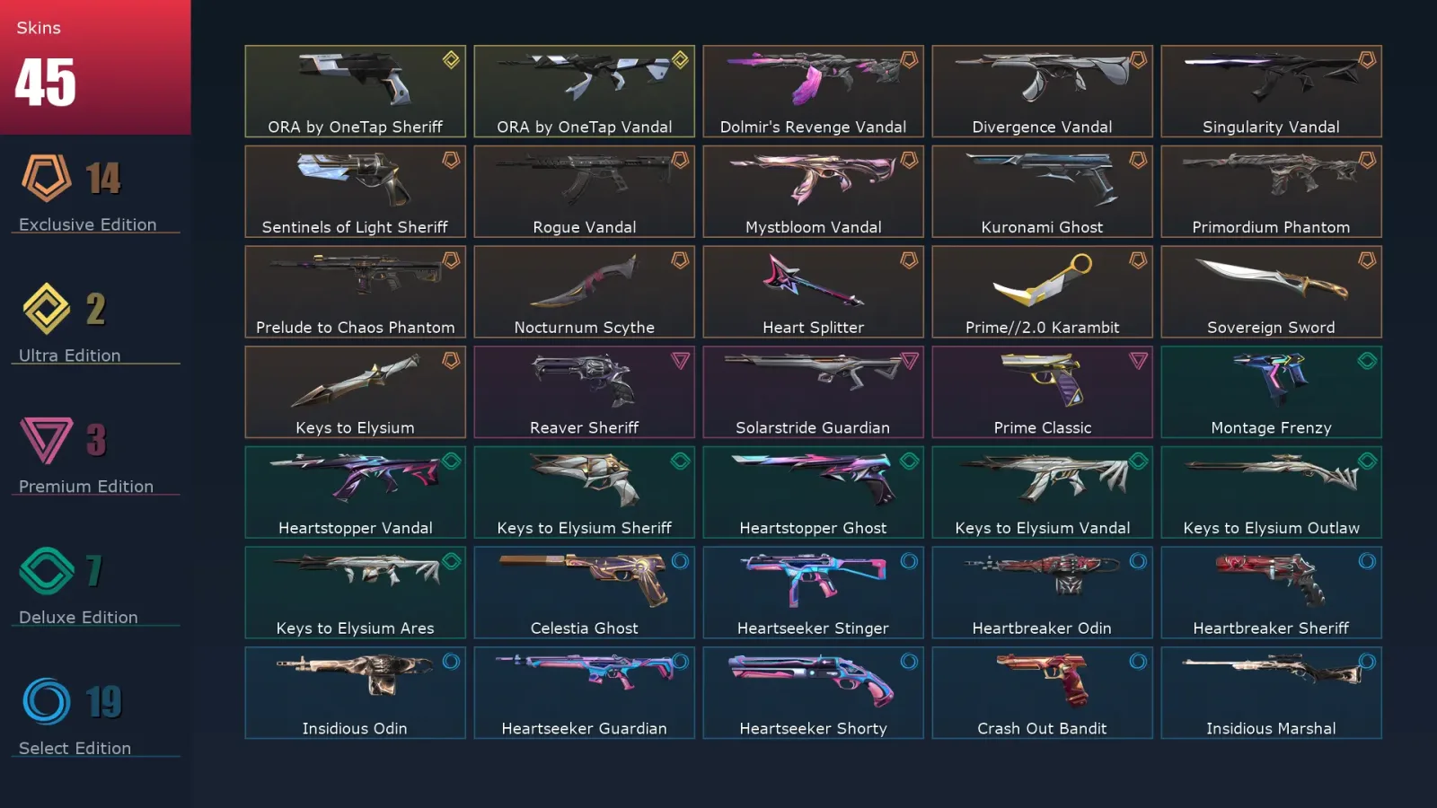[Valorant] | EU | Level 1 | Immortal 1 | 26 Agents | 45 Skins
