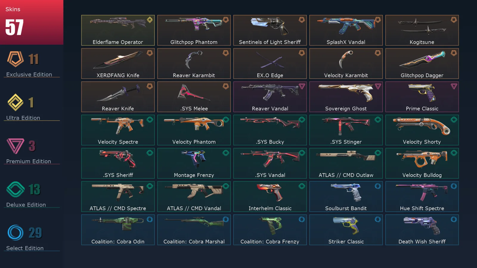 [Valorant] | EU | Level 191 | 29 Agents | 57 Skins