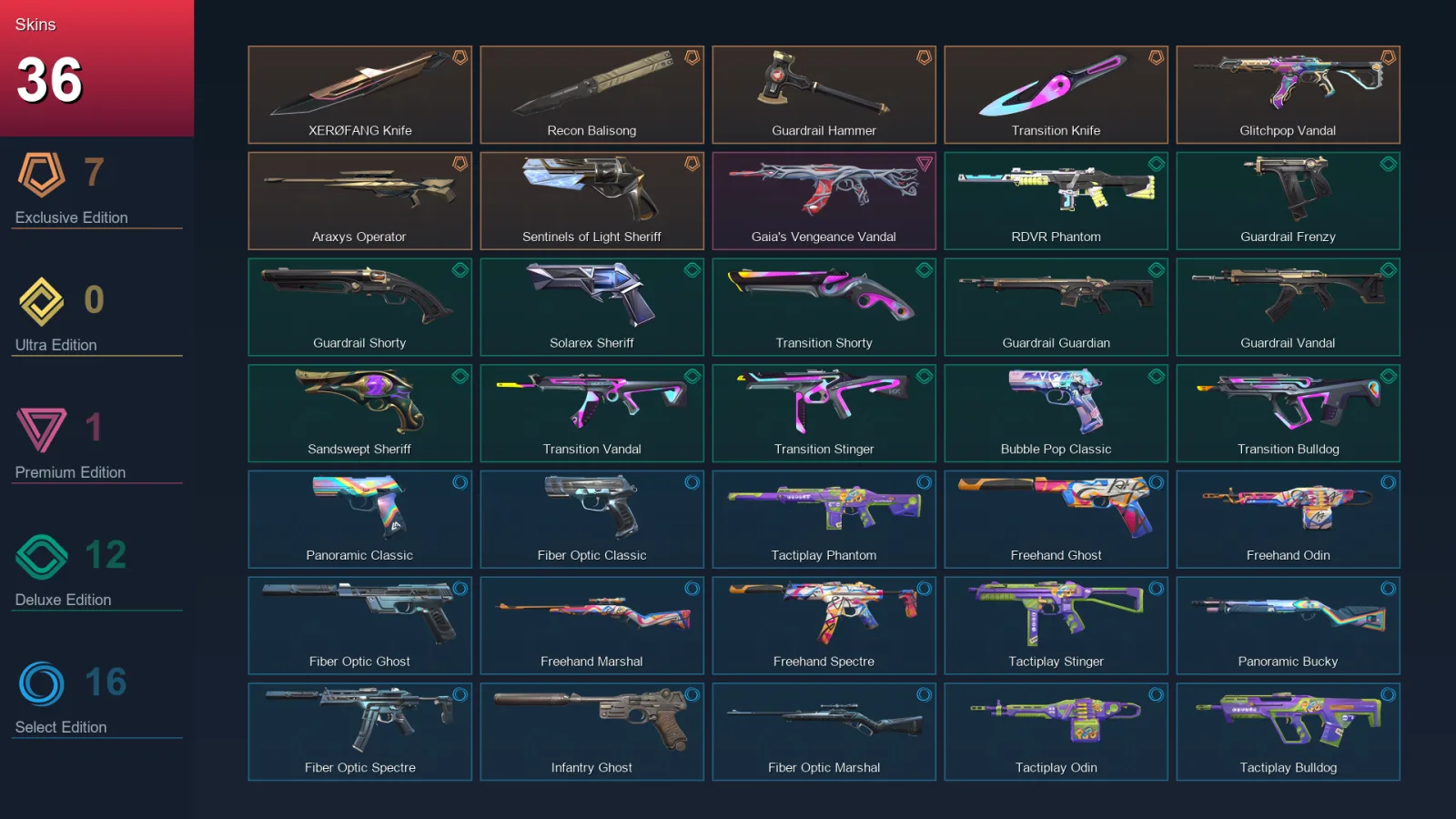 EU | Lv165 | Unranked | 36 Skin | 27 Agent | 67 Buddy — Guardrail Hammer