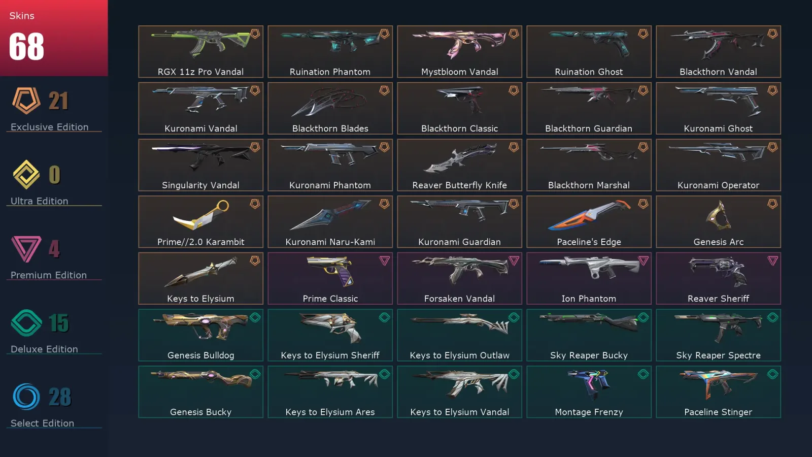 [Valorant] | EU | Level 108 | Silver 1 | 27 Agents | 68 Skins