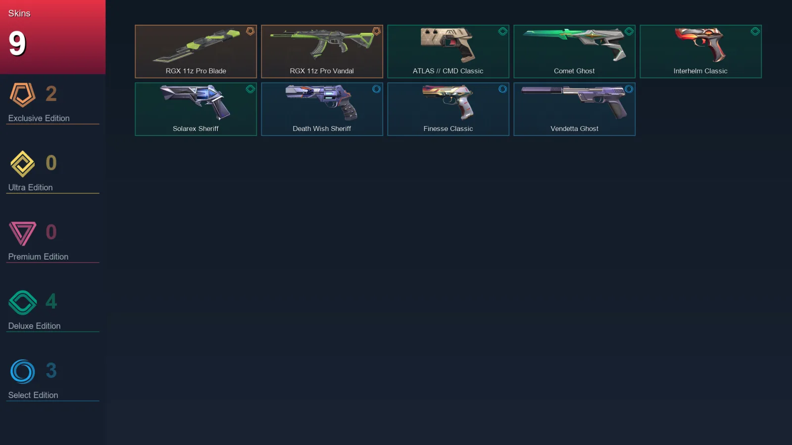 AP | Lv144 | Unranked | 9 Skin | 24 Agent | 79 Buddy — Rgx 11z Pro Vandal
