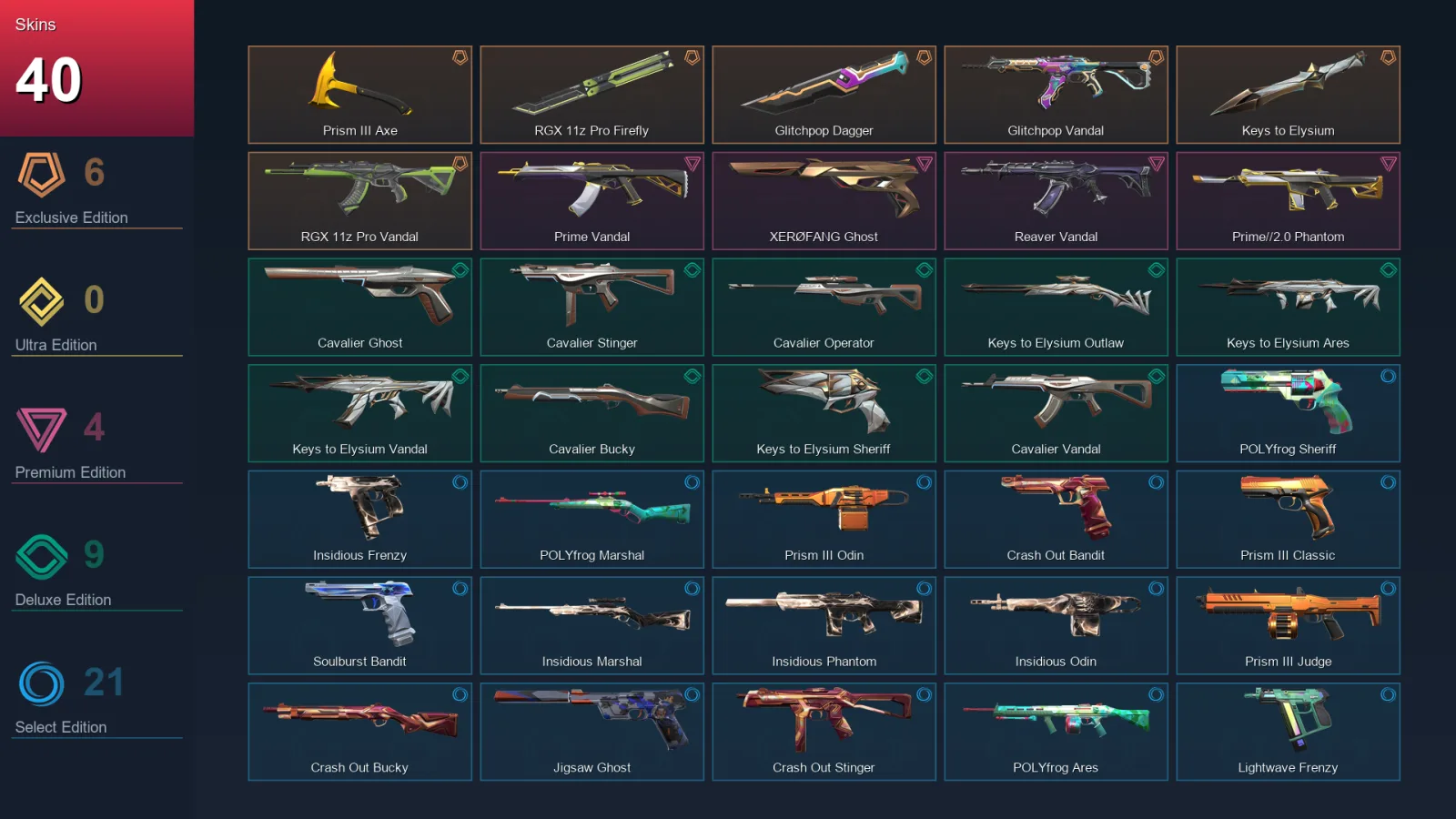 EU | Prism III Axe | RGX 11z Pro Firefly | Glitchpop Dagger | Glitchpop Vandal | 40 Skin | 29 Agent | 80 Buddy | Lv155