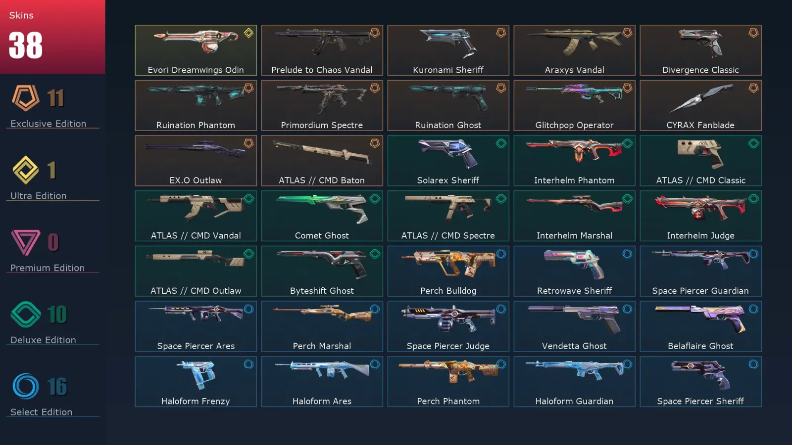 [Valorant] | EU | Level 128 | Platinum 1 | 28 Agents | 38 Skins