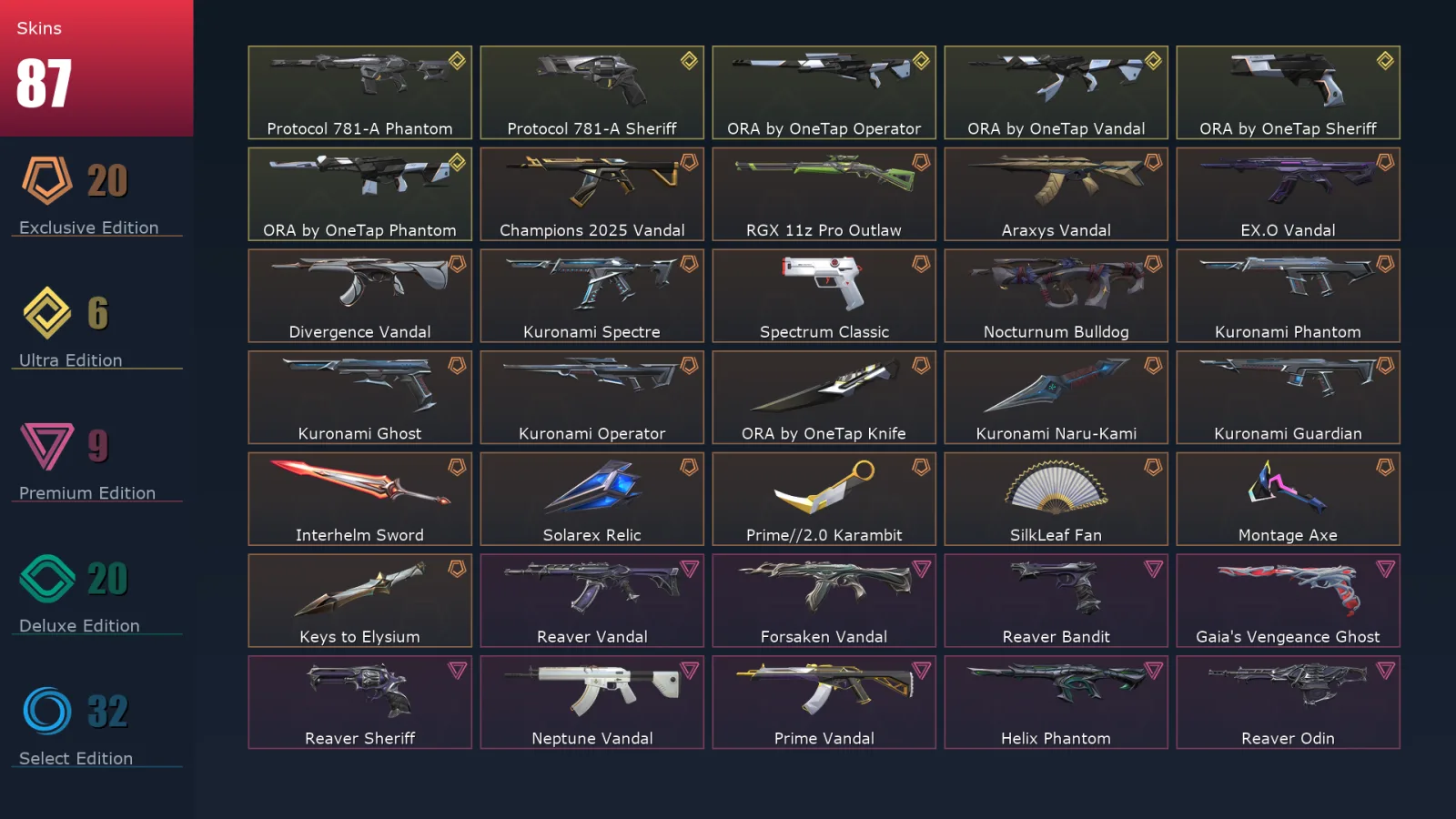 [Valorant] | EU | Level 187 | Platinum 3 | 29 Agents | 87 Skins