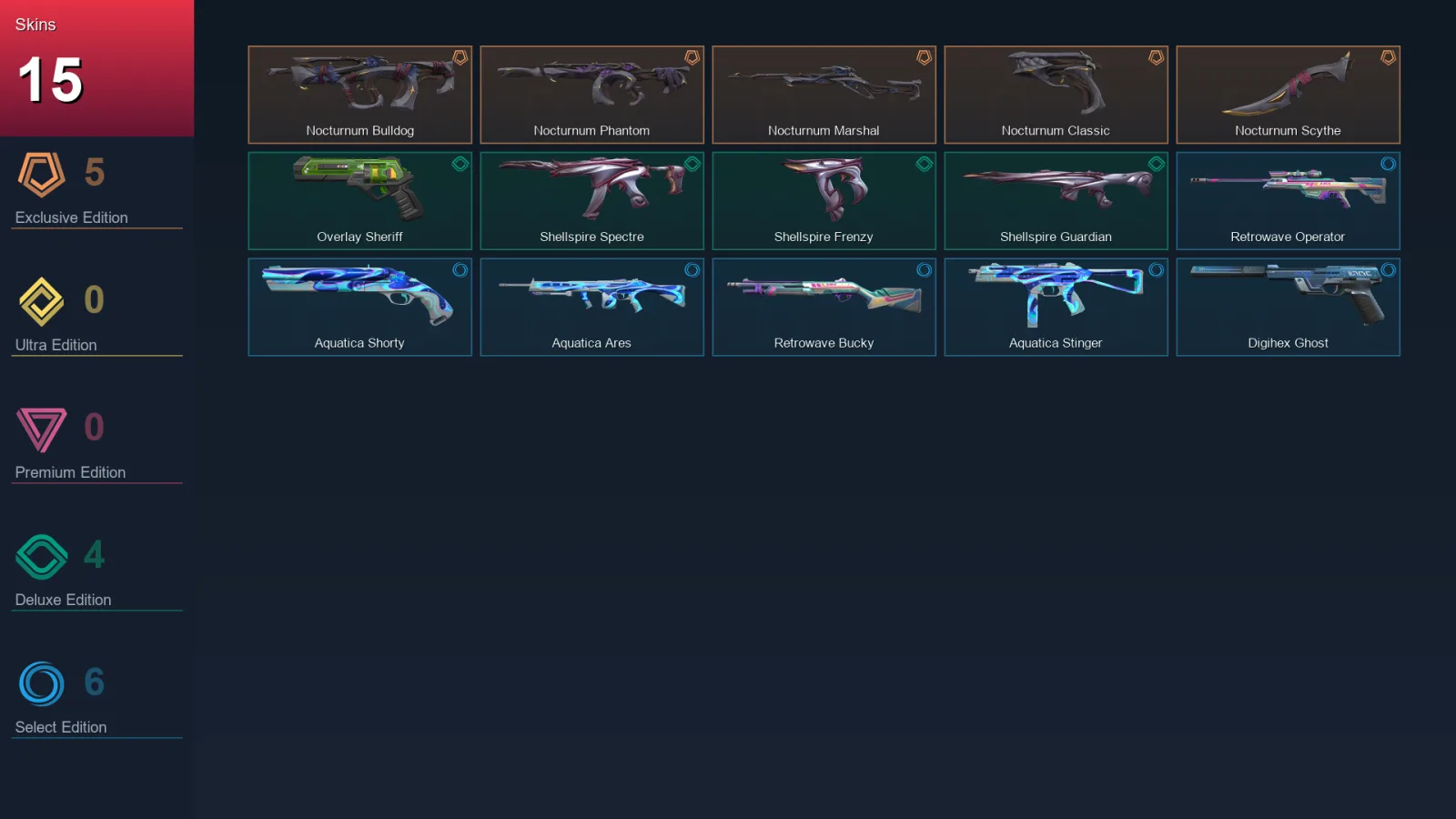AP | Lv104 | Unranked | 15 Skin | 26 Agent | 52 Buddy — Nocturnum Bulldog
