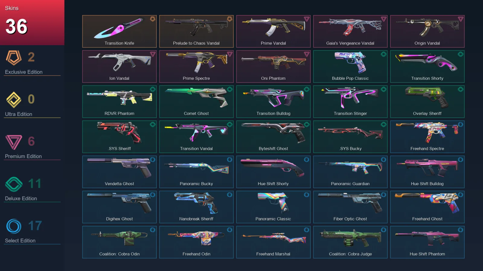 AP | Transition Knife | Prelude to Chaos Vandal | Prime Vandal | Gaia's Vengeance Vandal | 36 Skin | 27 Agent | 95 Buddy | Lv253