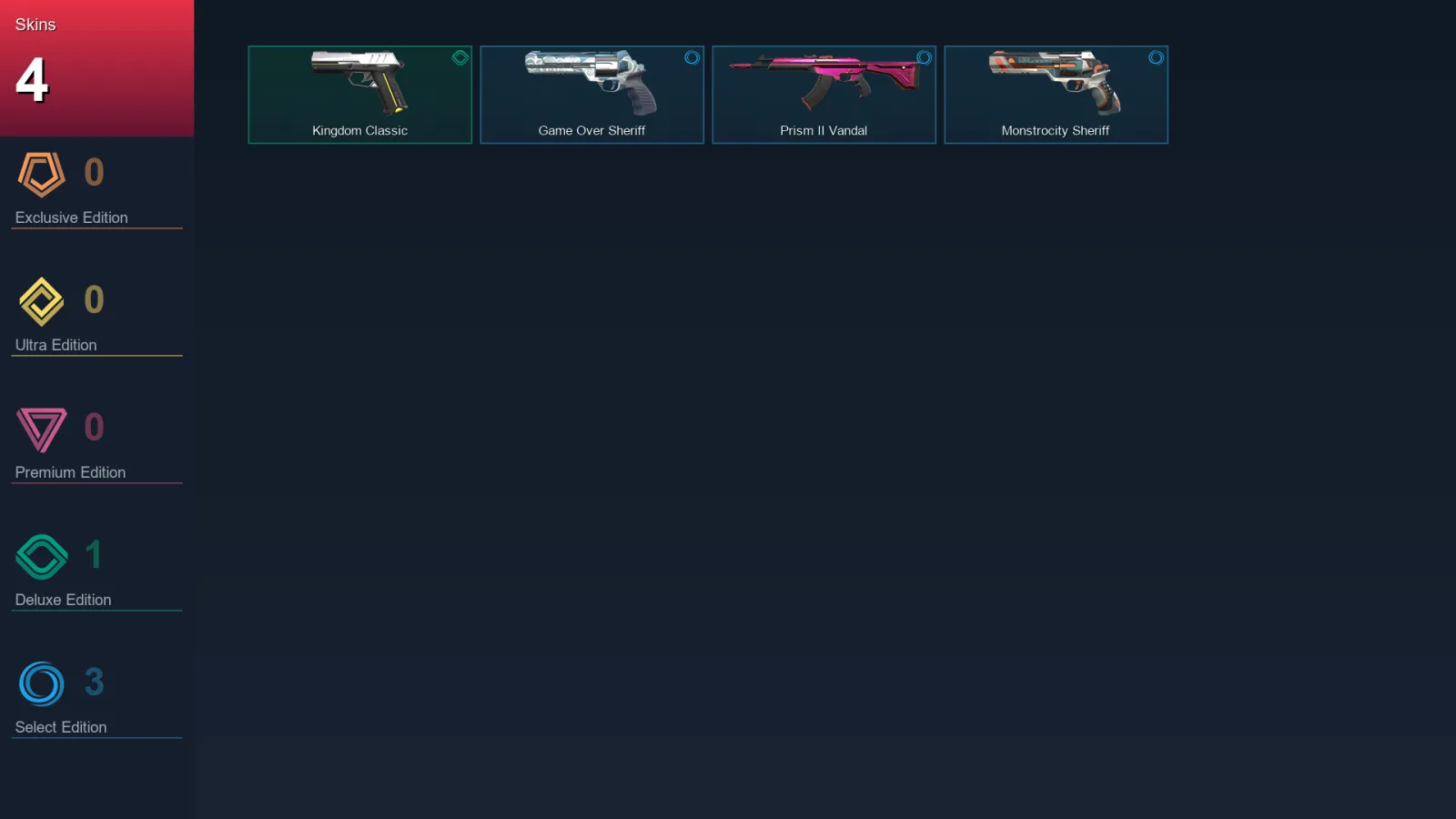 NA | Kingdom Classic | Game Over Sheriff | Prism II Vandal | Monstrocity Sheriff | 4 Skin | 17 Agent | 22 Buddy | Lv52