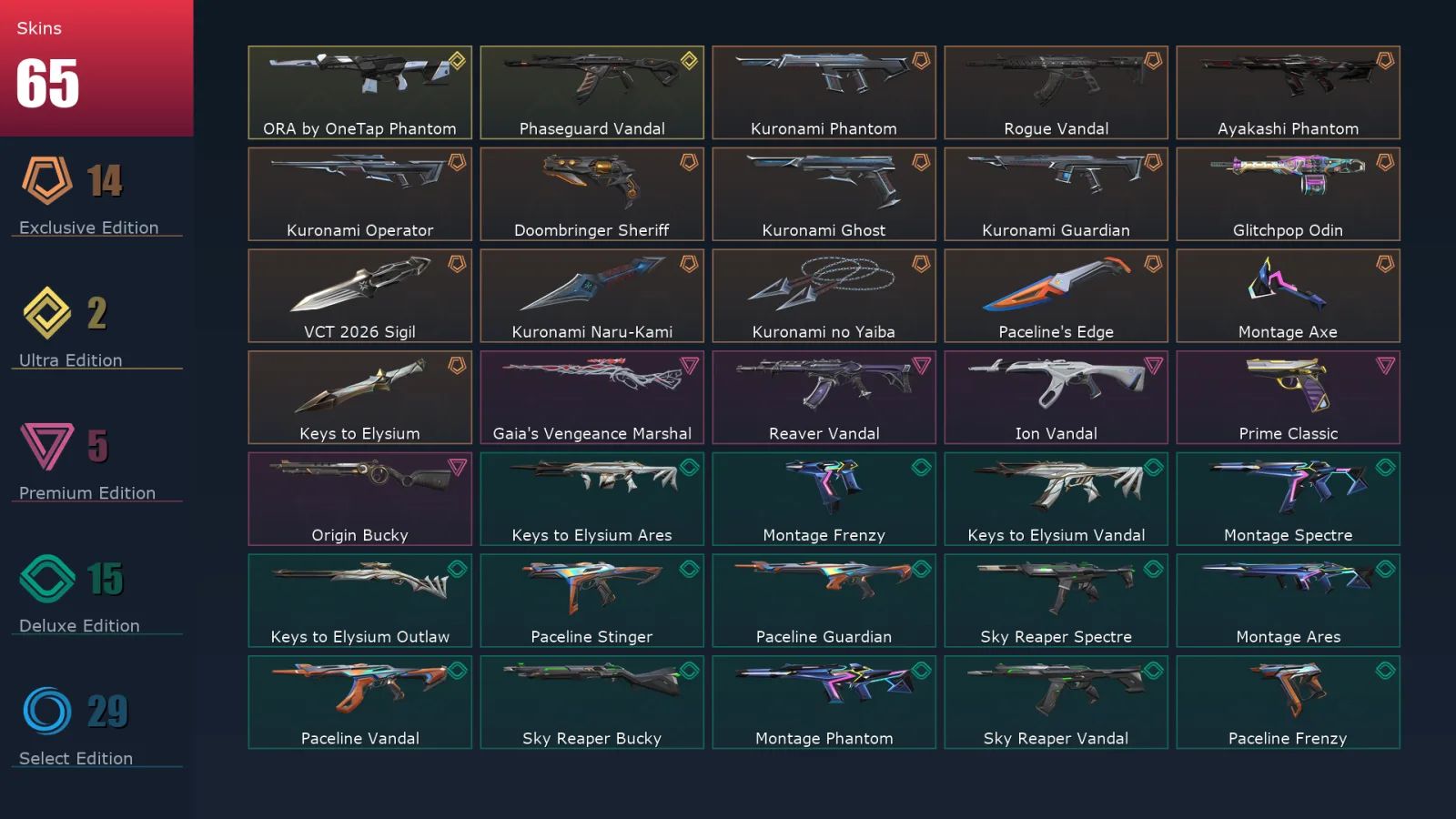 [Valorant] | EU | Level 65 | Platinum 1 | 20 Agents | 65 Skins