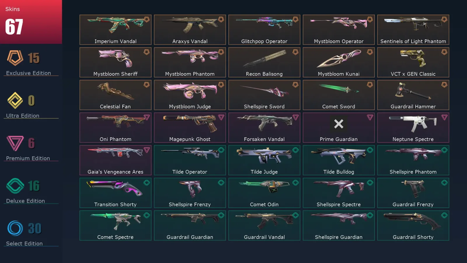 [Valorant] | EU | Level 98 | 26 Agents | 67 Skins