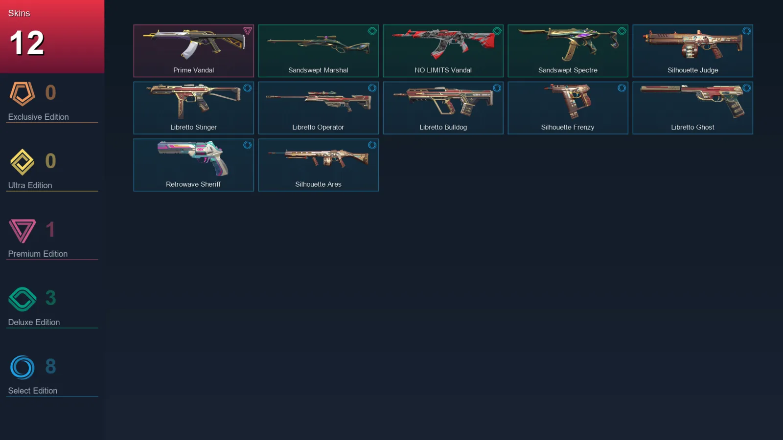 EU | Prime Vandal | Sandswept Marshal | NO LIMITS Vandal | Sandswept Spectre | 12 Skin | 21 Agent | 28 Buddy | Lv57