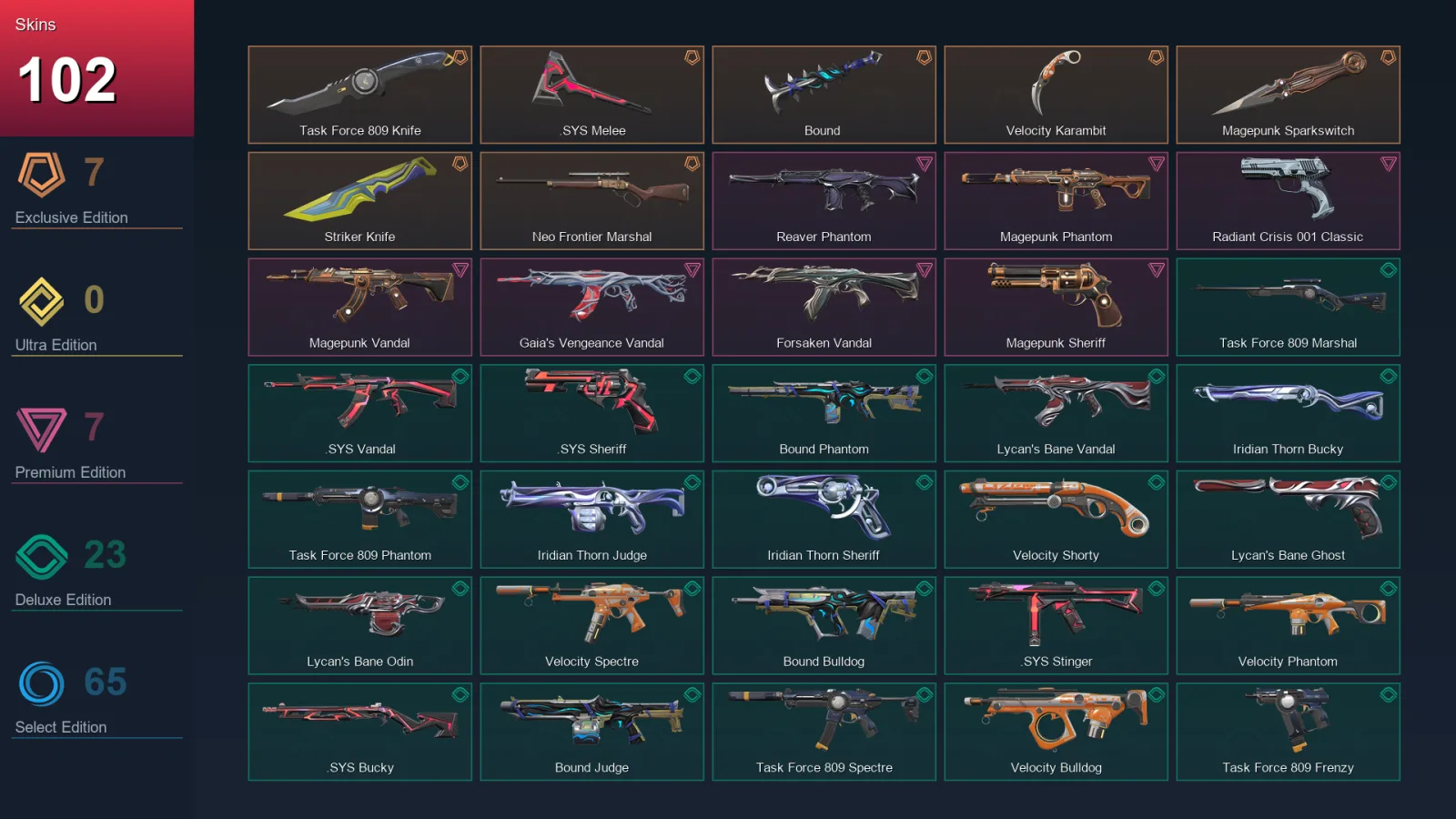 EU | Lv202 | Unranked | 102 Skin | 22 Agent | 101 Buddy — Task Force 809 Phantom