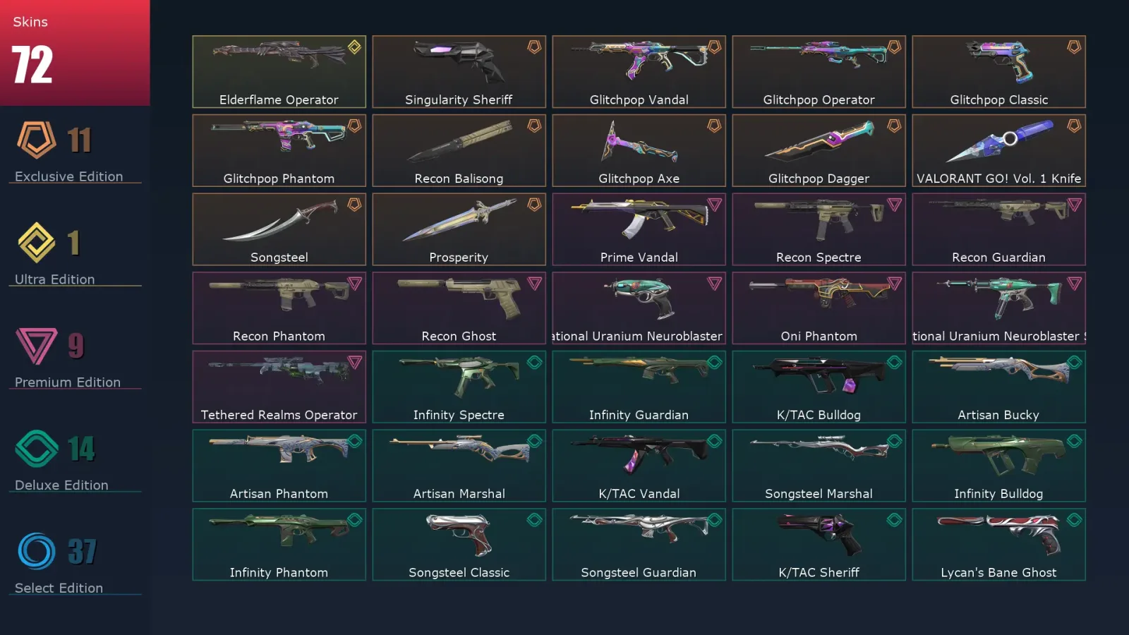[Valorant] | EU | Level 64 | Diamond 3 | 18 Agents | 72 Skins — Lightwave Frenzy