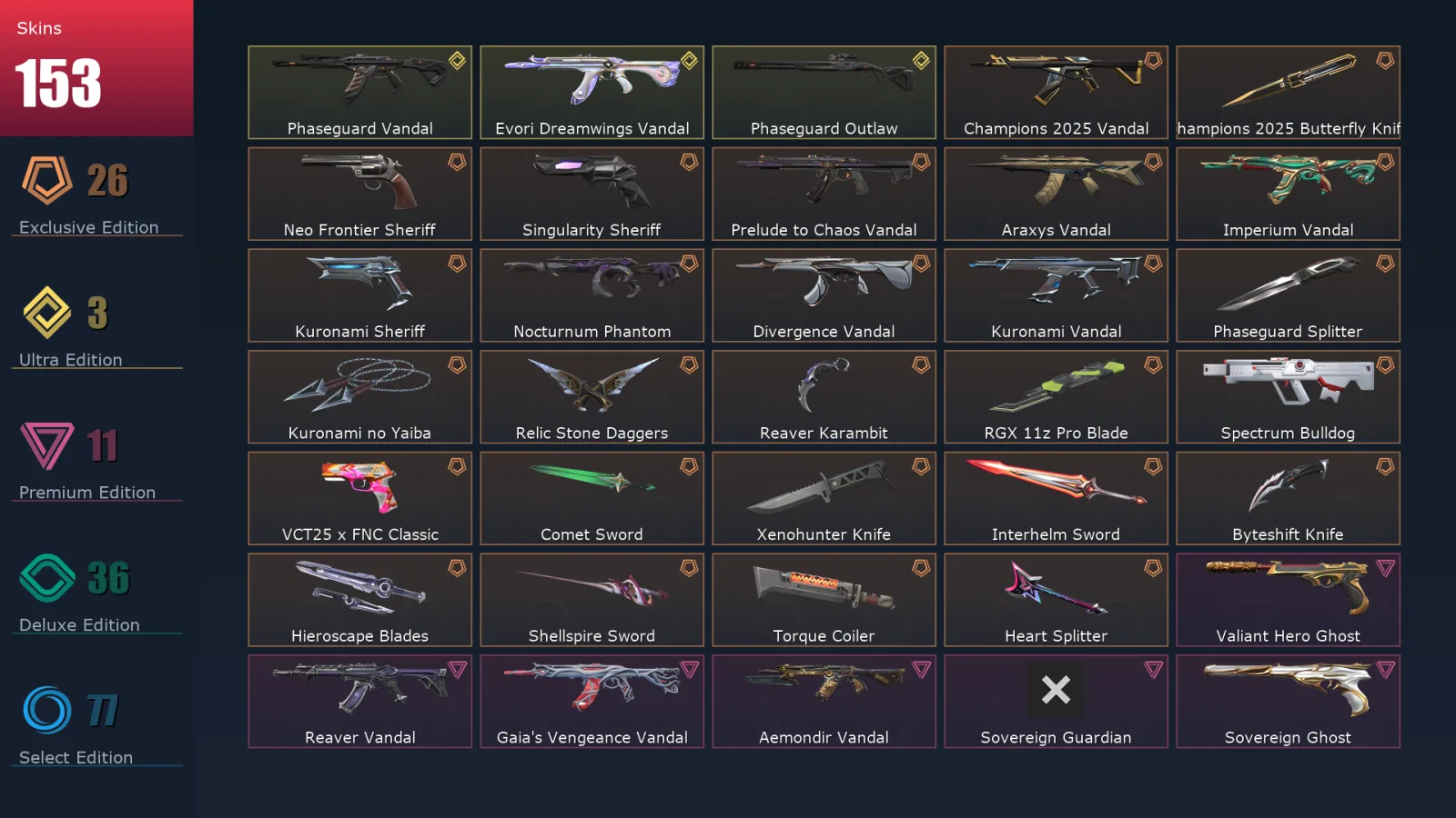[Valorant] | EU | Level 284 | Platinum 2 | 29 Agents | 153 Skins