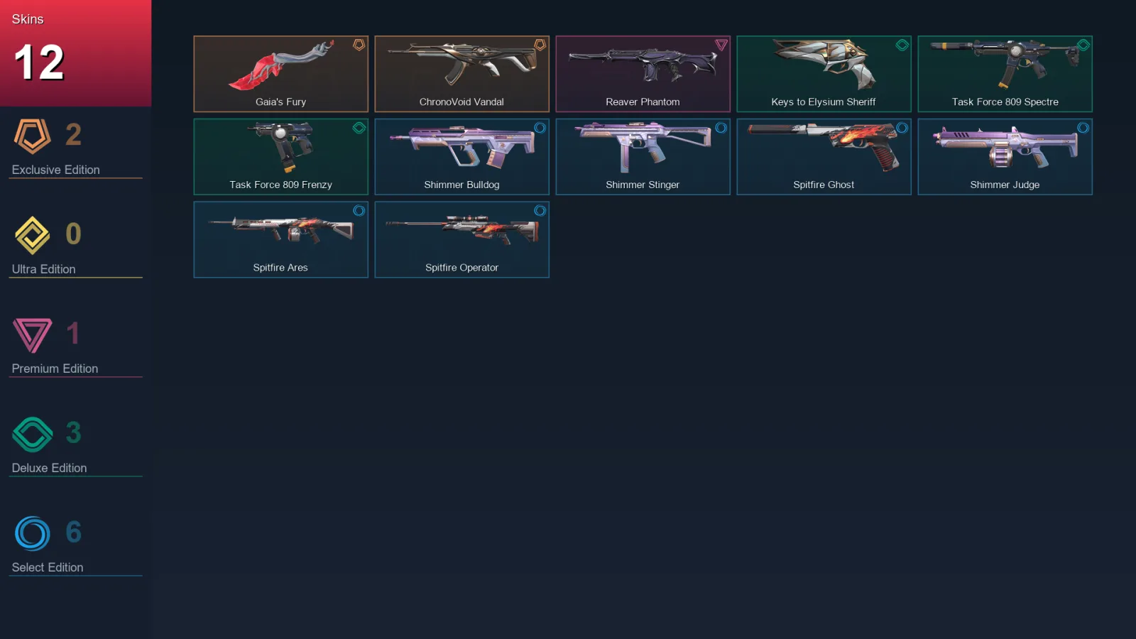 AP | Gaia's Fury | ChronoVoid Vandal | Reaver Phantom | Keys to Elysium Sheriff | 12 Skin | 10 Agent | 21 Buddy | Lv35