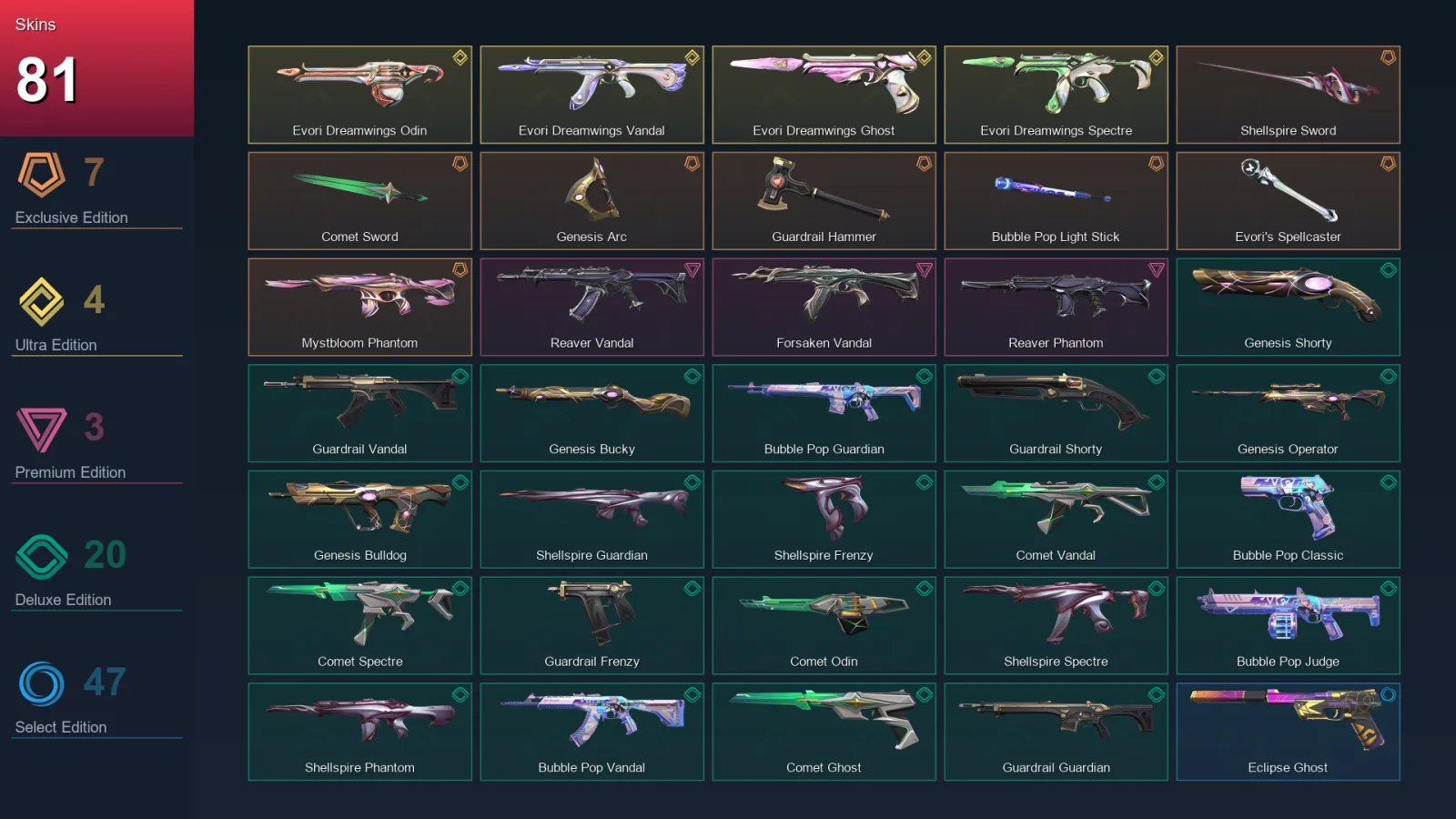 AP | Shellspire Sword | Comet Sword | Genesis Arc | Guardrail Hammer | 81 Skin | 27 Agent | 111 Buddy | Lv206