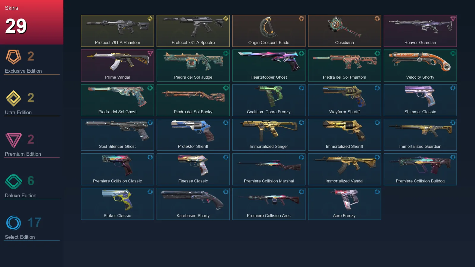 AP | Origin Crescent Blade | Obsidiana | Protocol 781-A Phantom | Protocol 781-A Spectre | 29 Skin | 26 Agent | 78 Buddy | Lv177