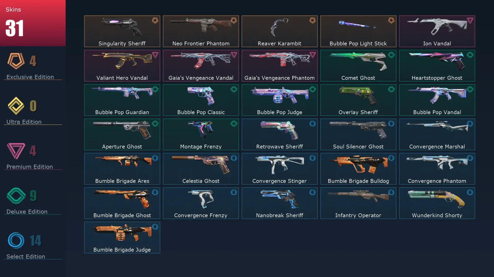 [Valorant] | EU | Level 216 | Platinum 3 | 29 Agents | 31 Skins