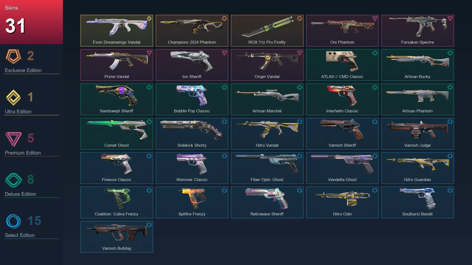 AP | Lv322 | Unranked | 31 Skin | 29 Agent | 121 Buddy