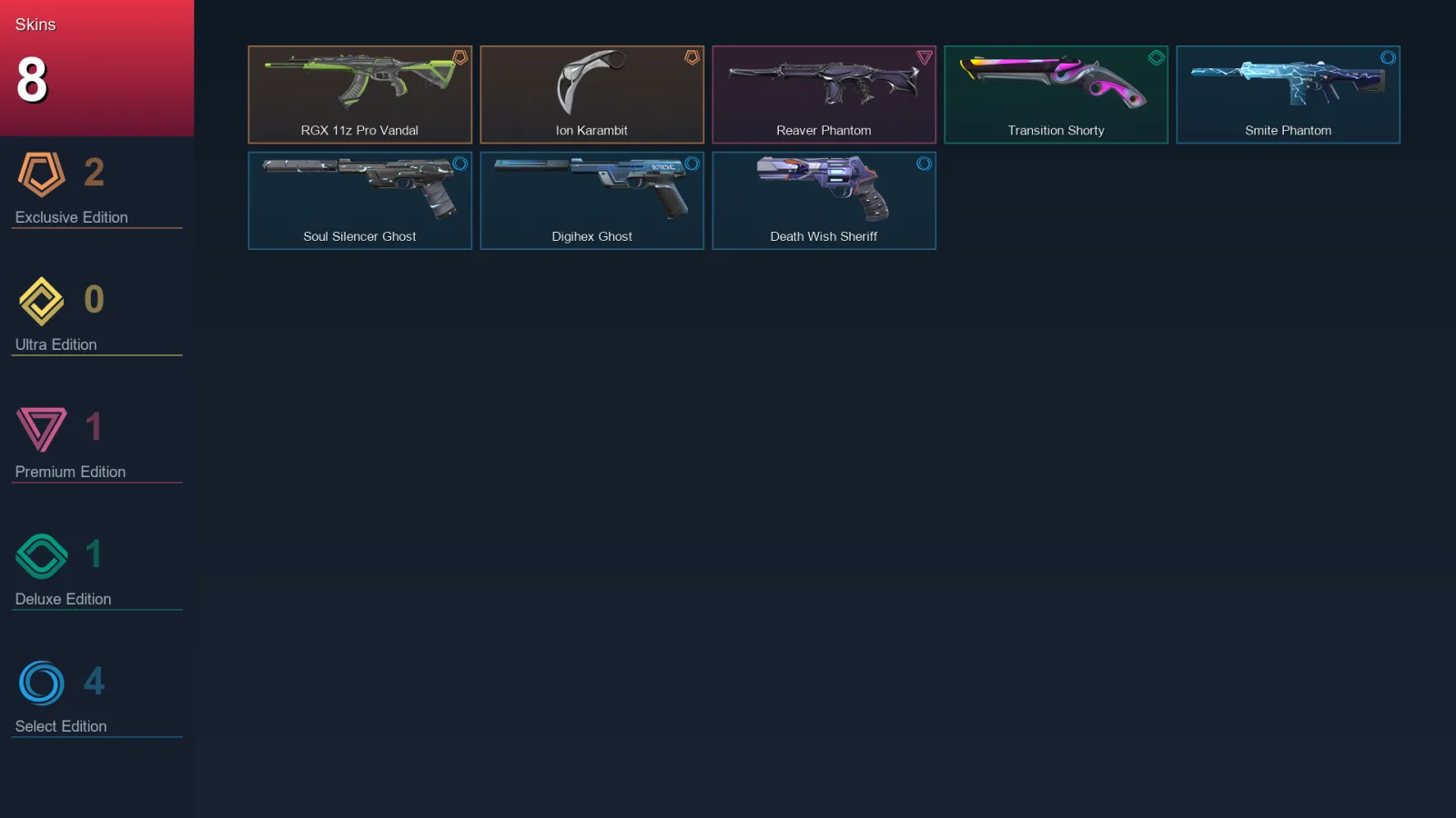 EU | RGX 11z Pro Vandal | Ion Karambit | Reaver Phantom | Transition Shorty | 8 Skin | 16 Agent | 29 Buddy | Lv78