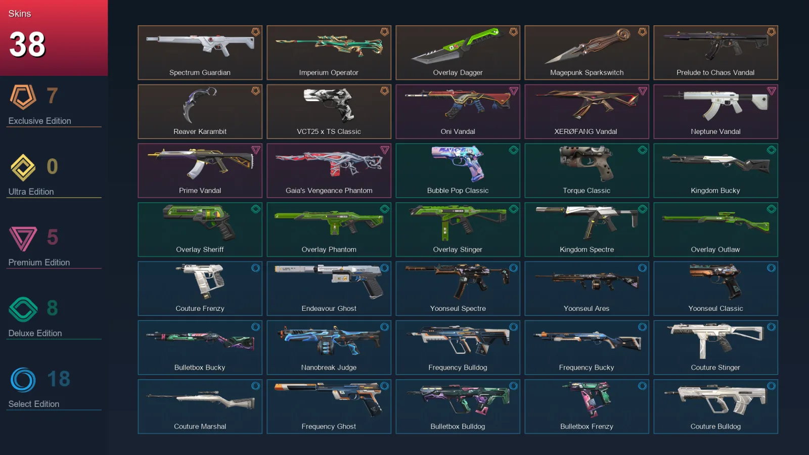 EU | Spectrum Guardian | Imperium Operator | Overlay Dagger | Magepunk Sparkswitch | 38 Skin | 29 Agent | 36 Buddy | Lv57