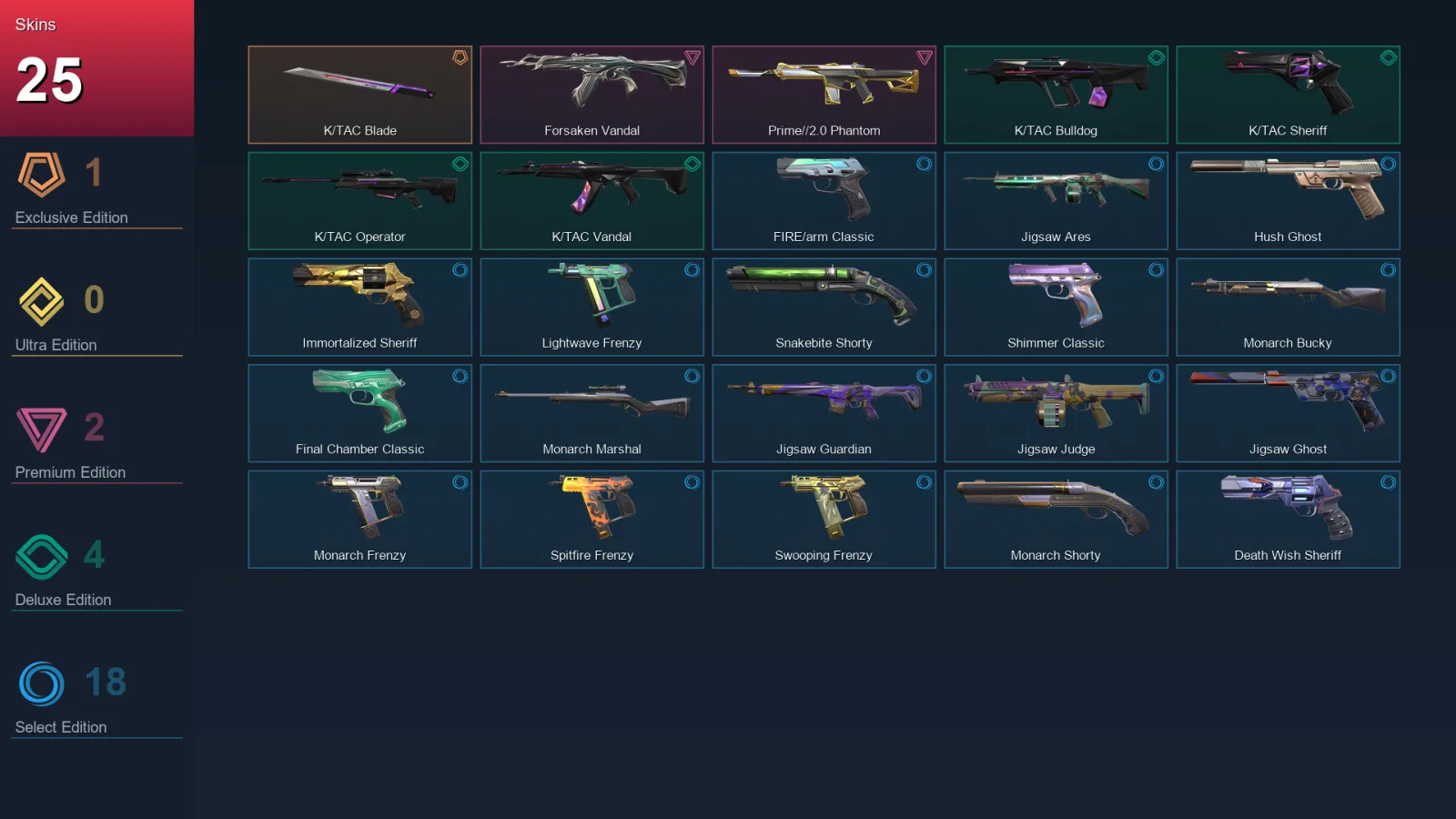 AP | K/TAC Blade | Forsaken Vandal | Prime//2.0 Phantom | K/TAC Bulldog | 25 Skin | 25 Agent | 73 Buddy | Lv180