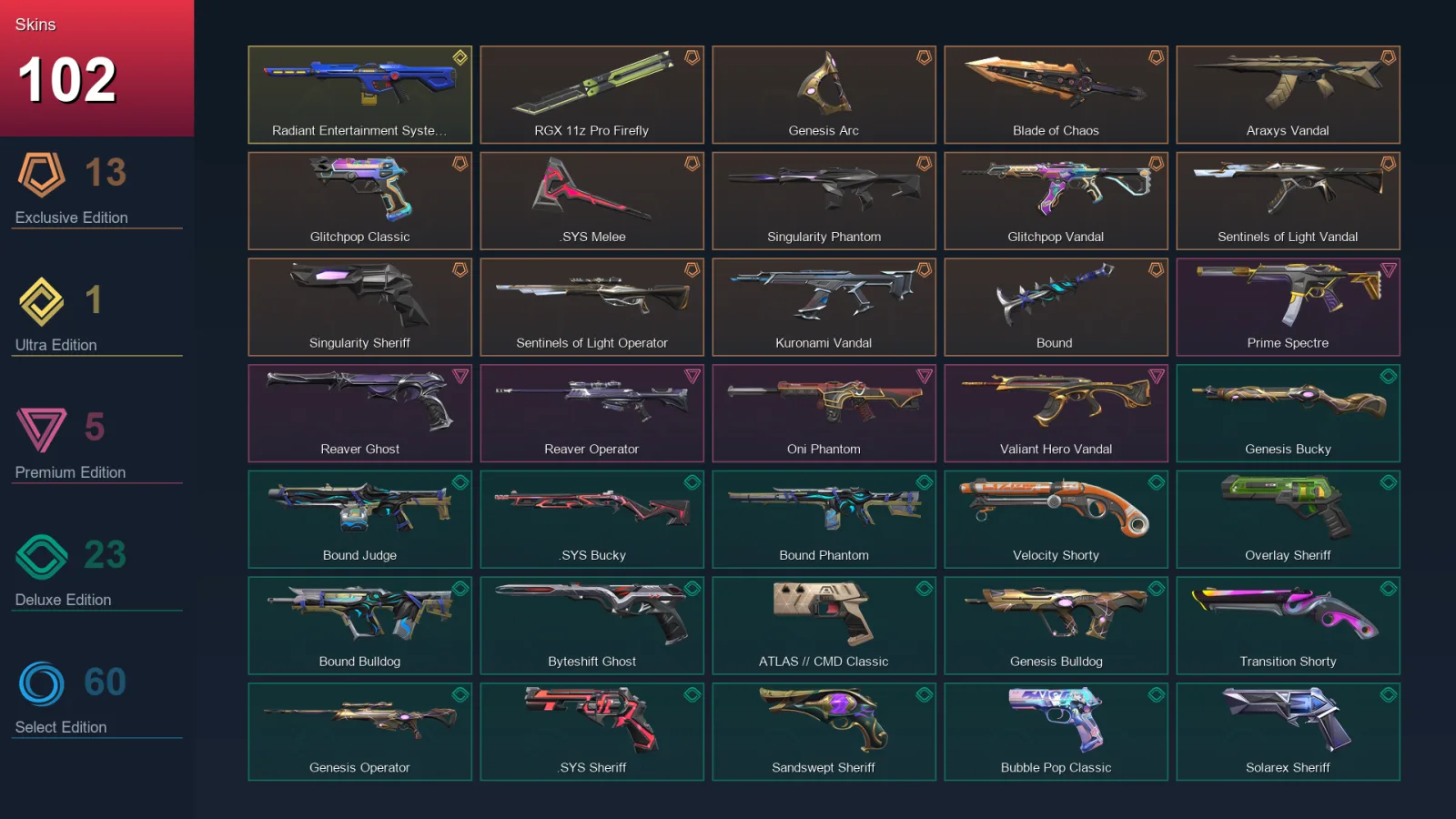AP | Lv671 | Unranked | 102 Skin | 29 Agent | 182 Buddy