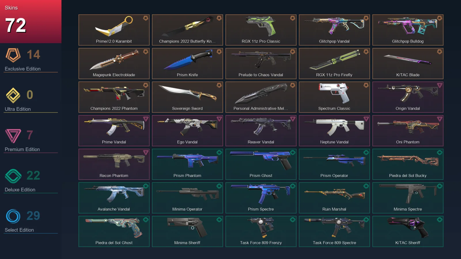 NA | Lv79 | Unranked | 72 Skin | 20 Agent | 52 Buddy — Champions 2022 Butterfly Knife