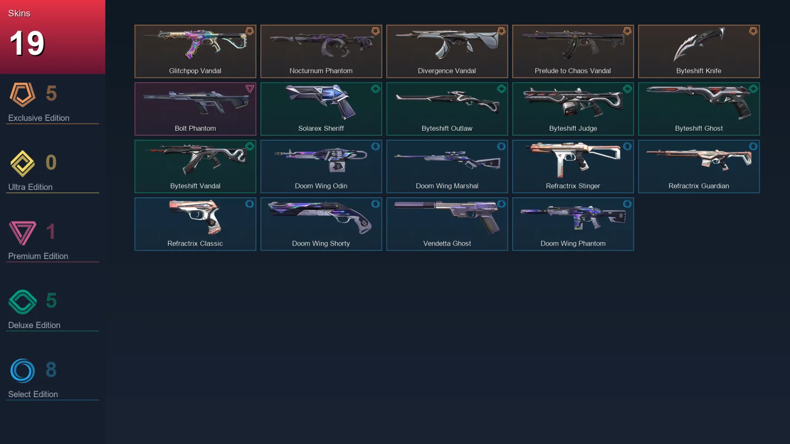 AP | Glitchpop Vandal | Nocturnum Phantom | Divergence Vandal | Prelude to Chaos Vandal | 19 Skin | 17 Agent | 37 Buddy | Lv44