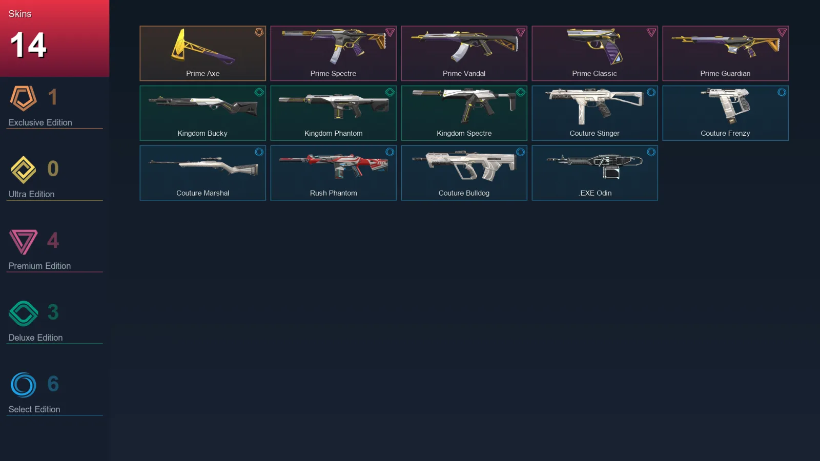 AP | Prime Axe | Prime Spectre | Prime Vandal | Prime Classic | 14 Skin | 8 Agent | 11 Buddy | Lv1