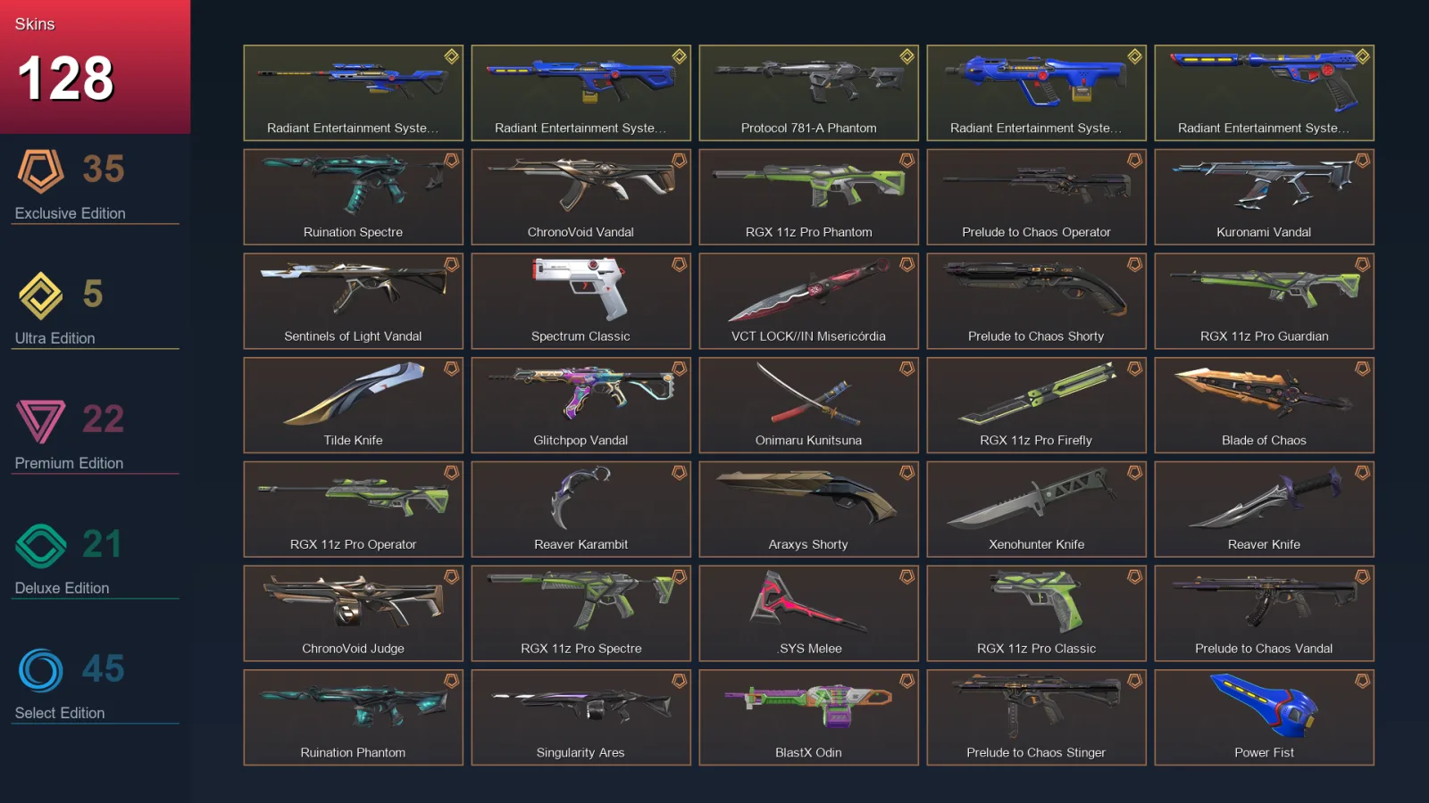NA | Ruination Spectre | ChronoVoid Vandal | RGX 11z Pro Phantom | Prelude to Chaos Operator | 128 Skin | 21 Agent | 76 Buddy | Lv77
