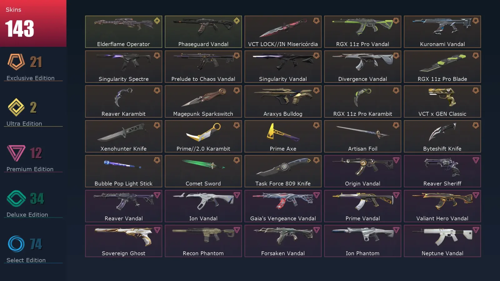 [Valorant] | EU | Level 225 | Platinum 2 | 29 Agents | 143 Skins