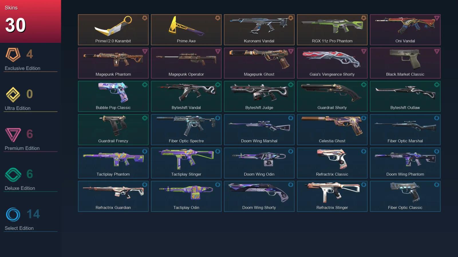 NA | Lv114 | Unranked | 30 Skin | 28 Agent | 58 Buddy — Byteshift Judge