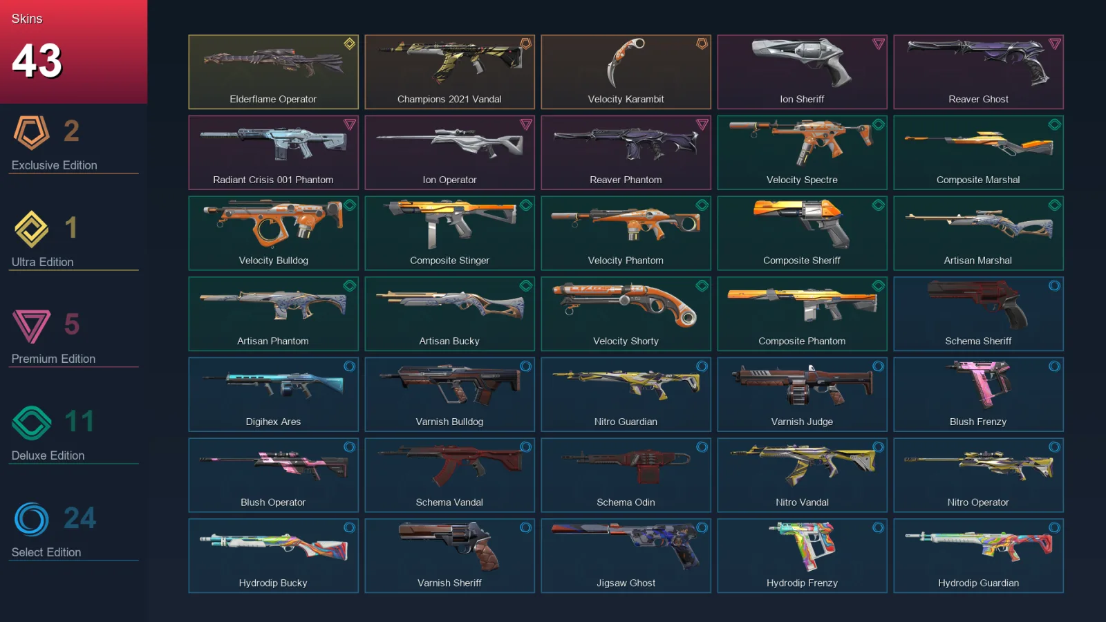 AP | Lv179 | Unranked | 43 Skin | 27 Agent | 96 Buddy