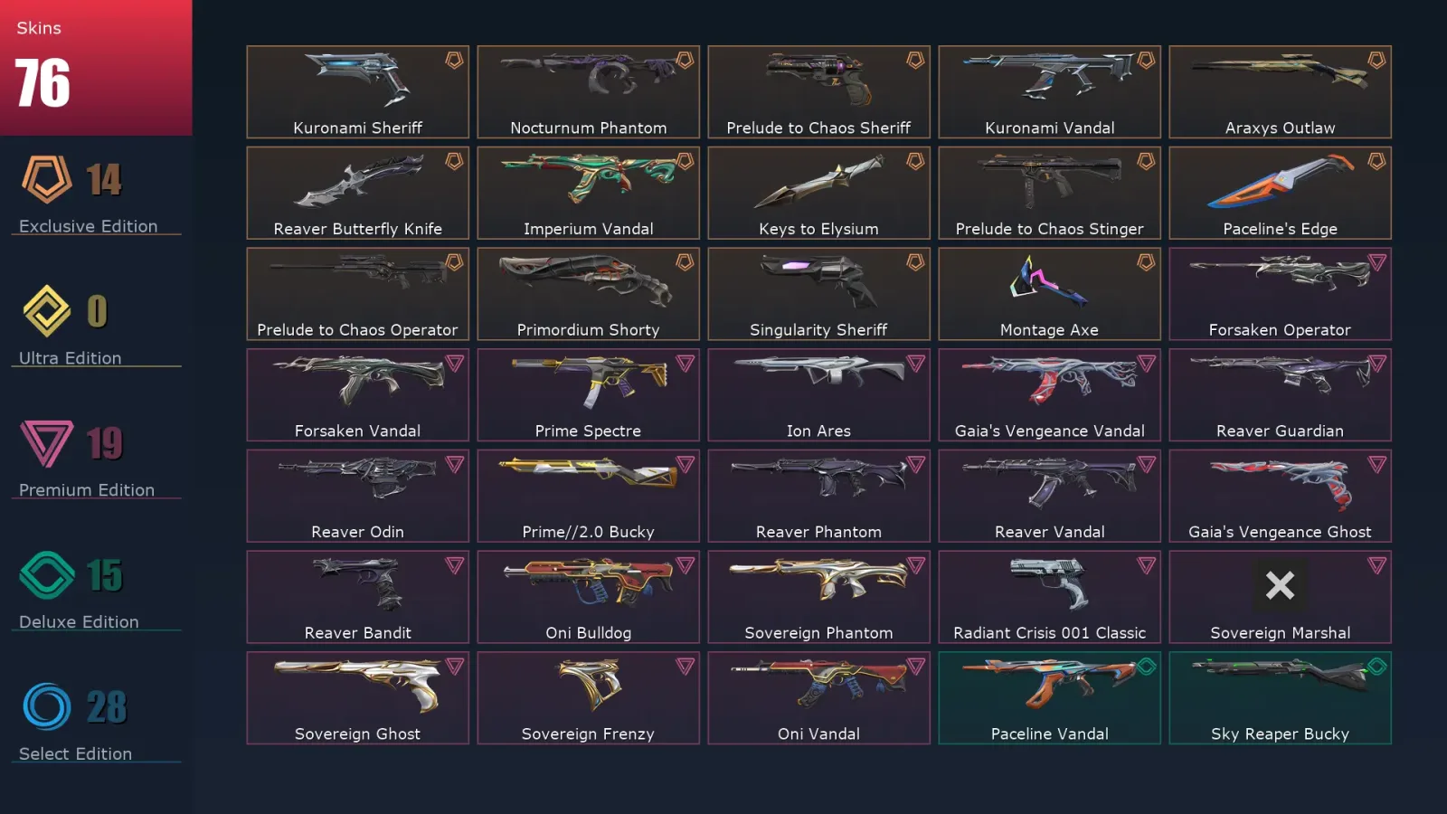 [Valorant] | EU | Level 72 | Platinum 2 | 21 Agents | 76 Skins — Prelude To Chaos Sheriff