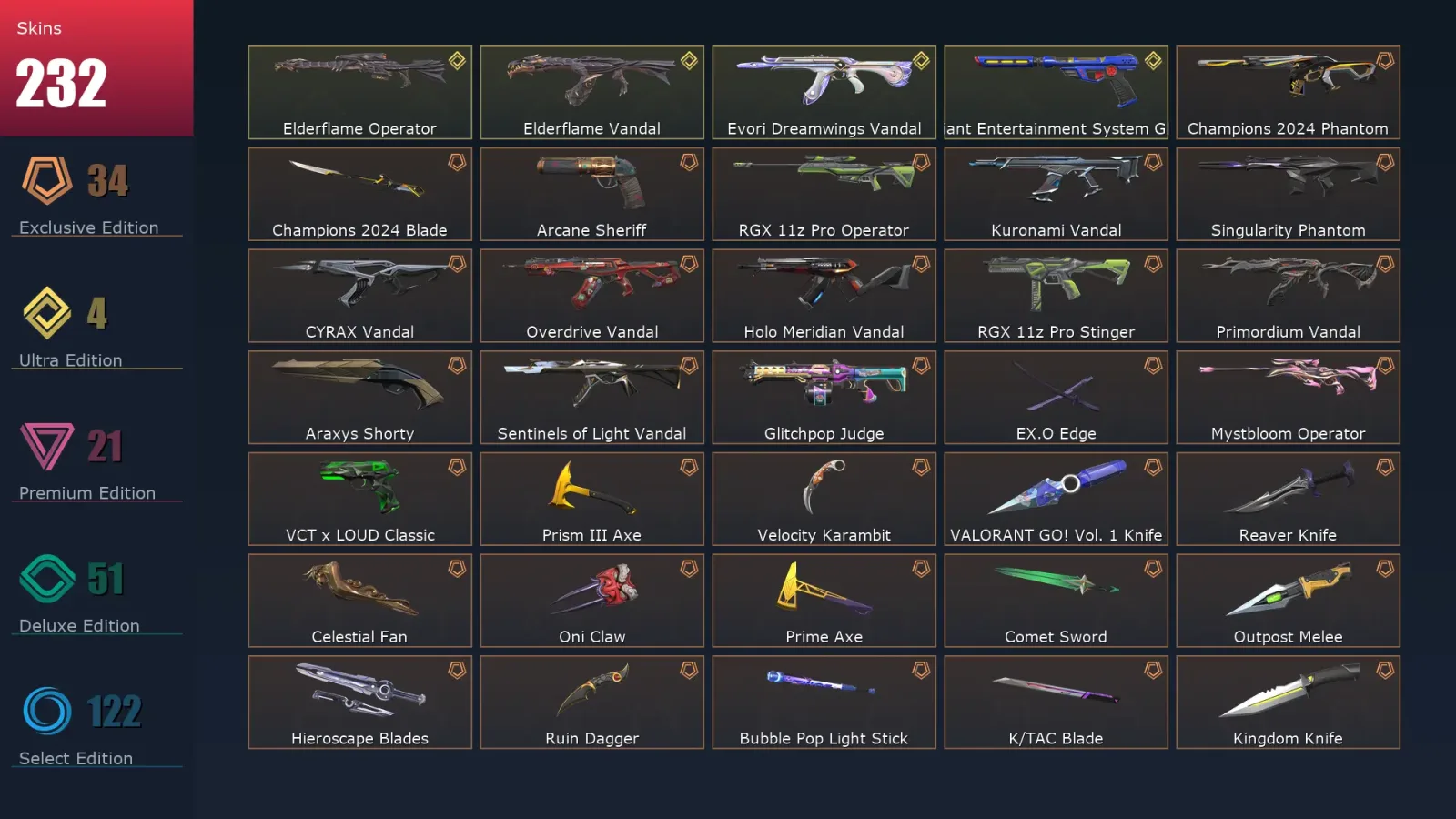 [Valorant] | EU | Level 500 | 29 Agents | 232 Skins