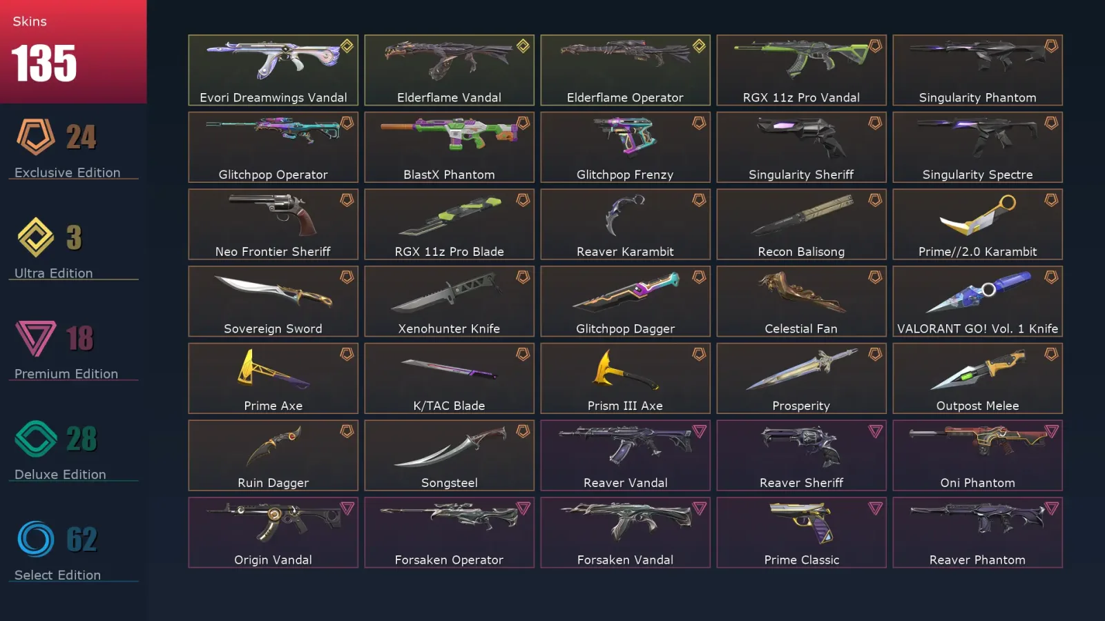 [Valorant] | EU | Level 229 | 26 Agents | 135 Skins