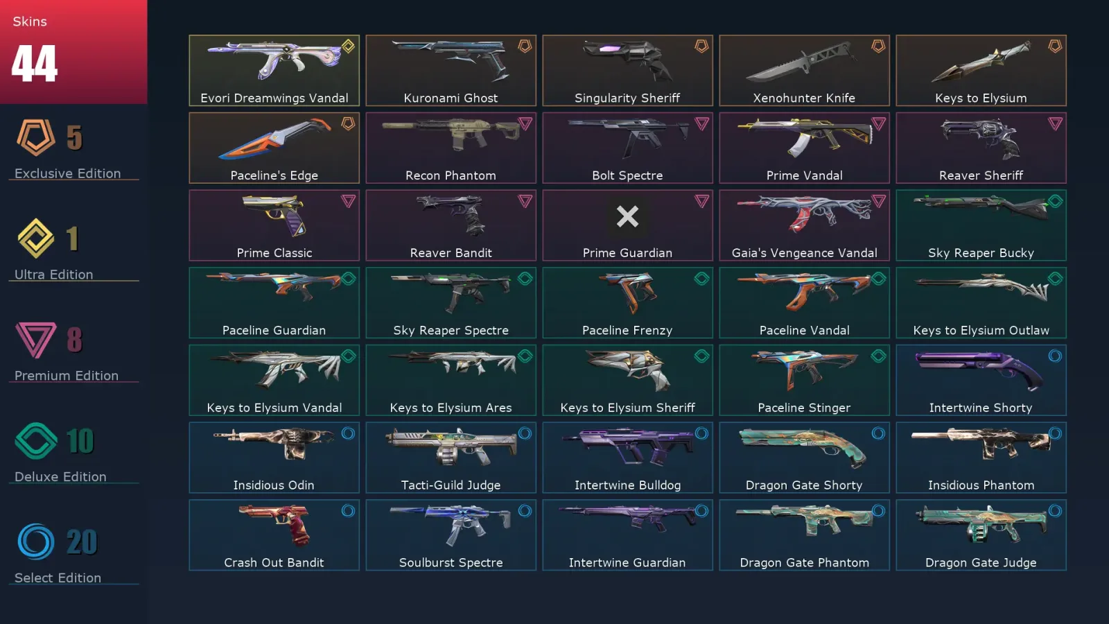 [Valorant] | EU | Level 58 | Silver 1 | 19 Agents | 44 Skins