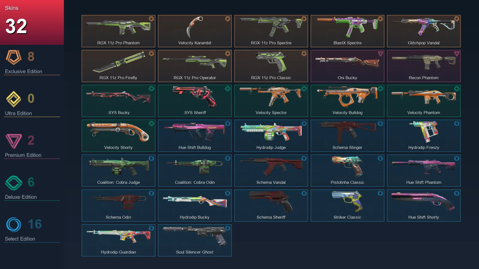 AP | RGX 11z Pro Phantom | Velocity Karambit | RGX 11z Pro Spectre | BlastX Spectre | 32 Skin | 17 Agent | 38 Buddy | Lv74