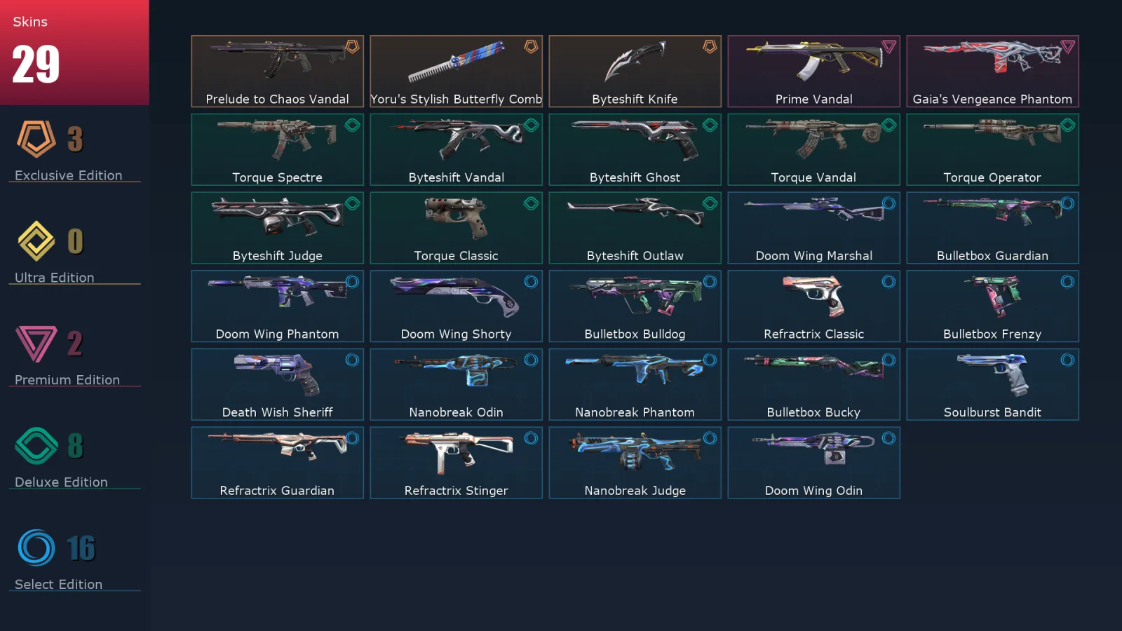 [Valorant] | EU | Level 104 | Bronze 2 | 25 Agents | 29 Skins