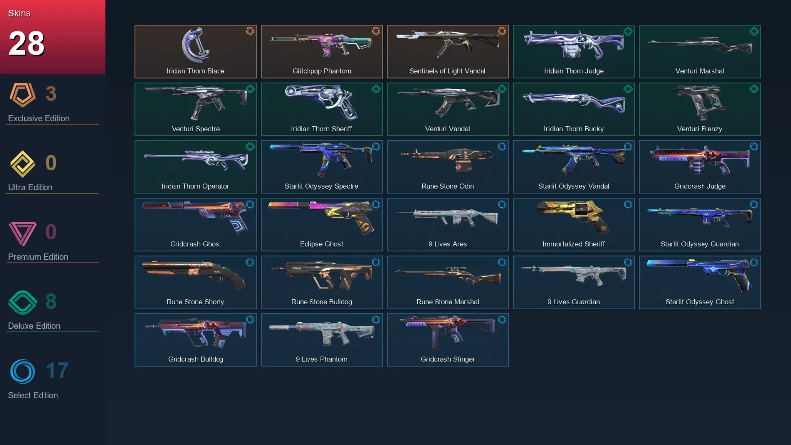 EU | Iridian Thorn Blade | Glitchpop Phantom | Sentinels of Light Vandal | Iridian Thorn Judge | 28 Skin | 21 Agent | 34 Buddy | Lv82