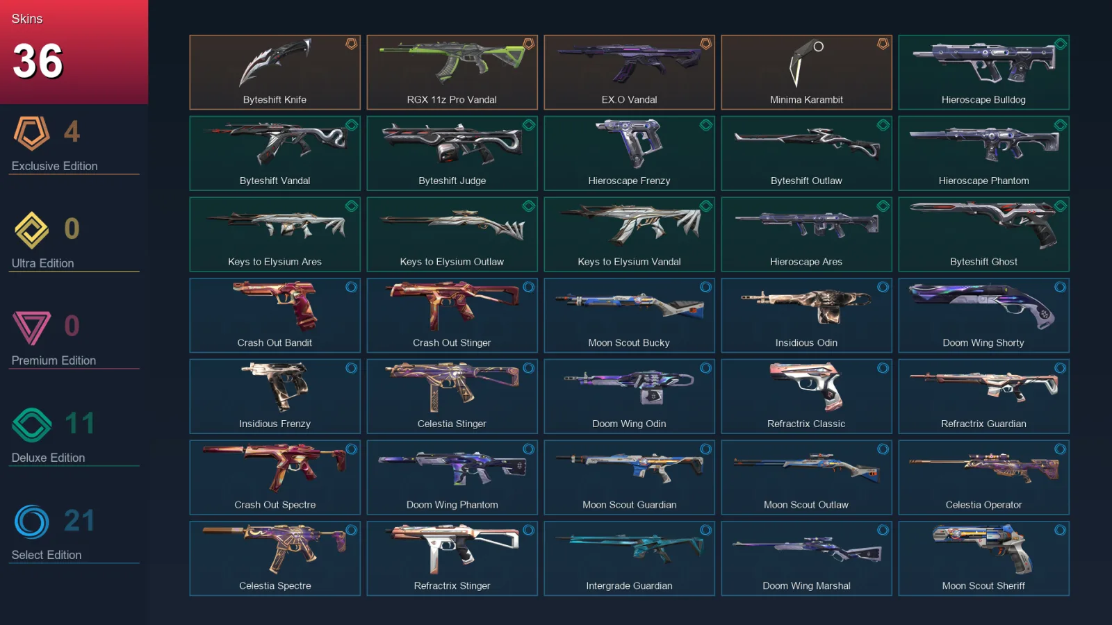NA | Lv60 | Unranked | 36 Skin | 17 Agent | 39 Buddy