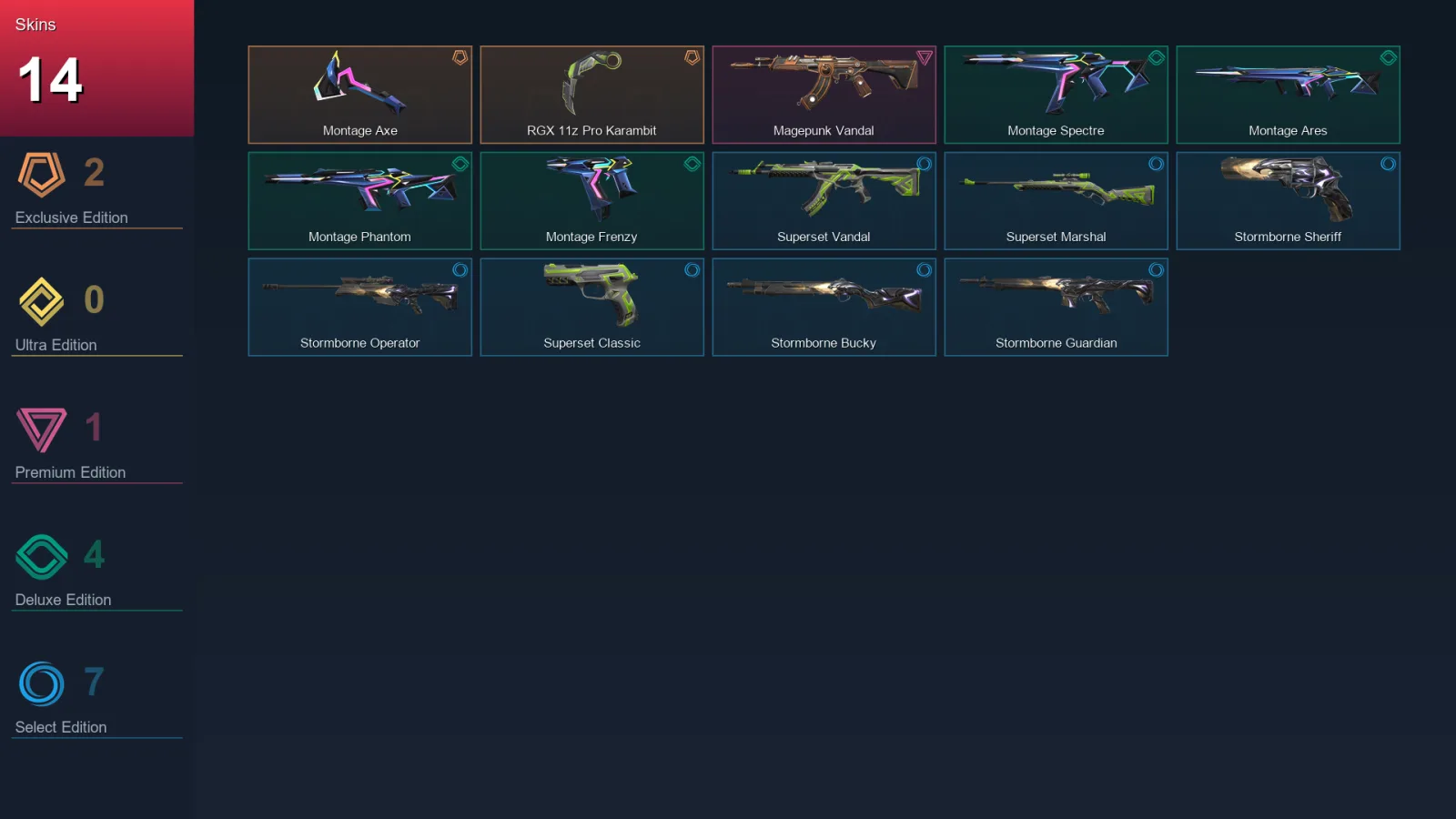 EU | Lv34 | Unranked | 14 Skin | 11 Agent | 13 Buddy — Montage Spectre