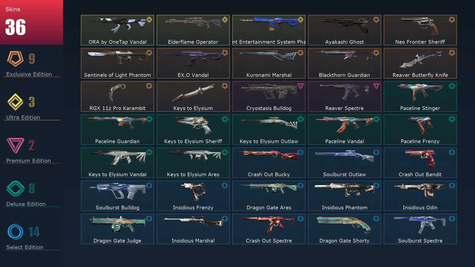 [Valorant] | EU | Level 47 | 12 Agents | 36 Skins