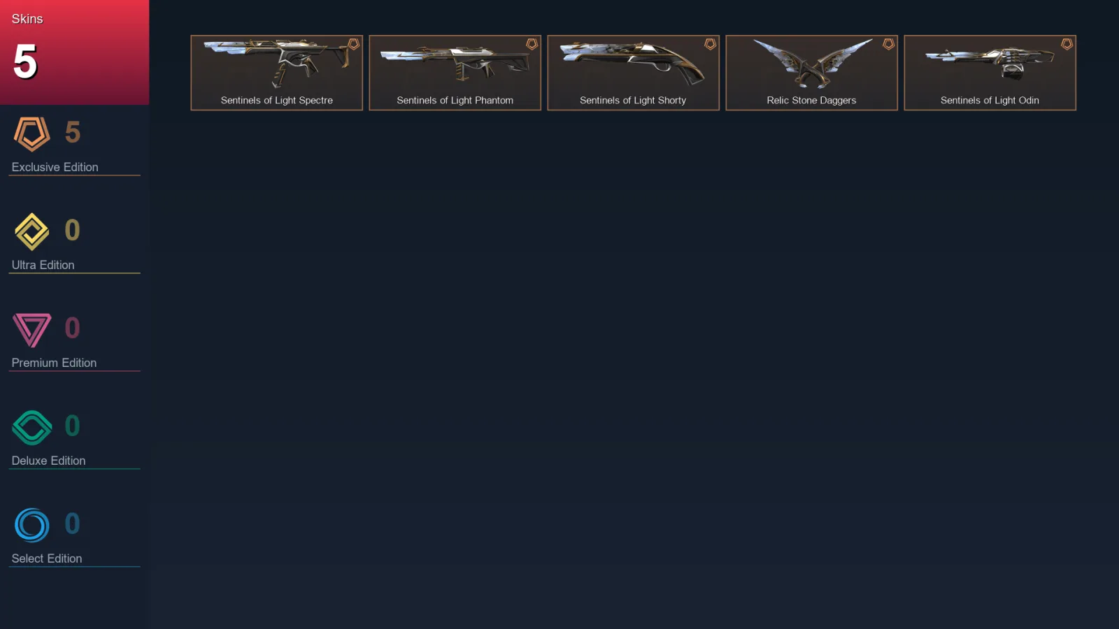 EU | Sentinels of Light Spectre | Sentinels of Light Phantom | Sentinels of Light Shorty | Relic Stone Daggers | 5 Skin | 6 Agent | 4 Buddy | Lv9