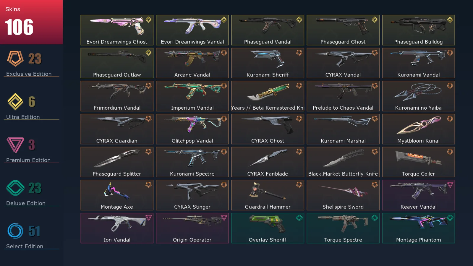 [Valorant] | EU | Level 131 | 29 Agents | 106 Skins
