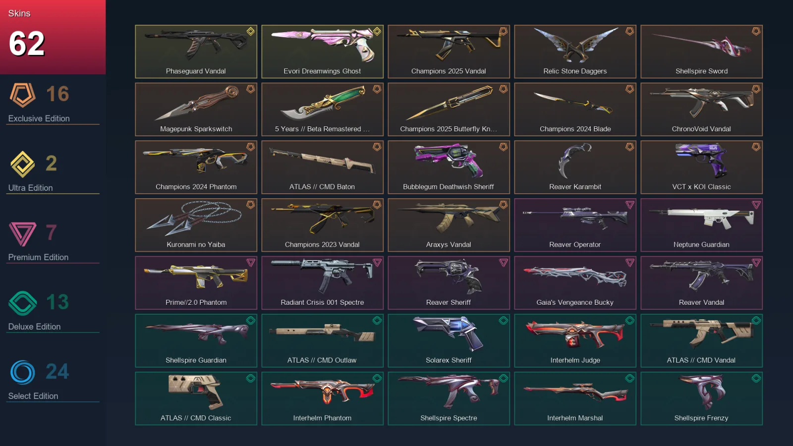 EU | Lv164 | Unranked | 62 Skin | 29 Agent | 89 Buddy