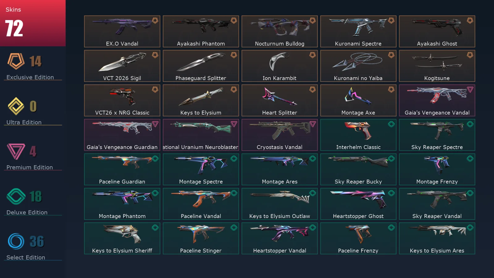 [Valorant] | EU | Level 100 | 16 Agents | 72 Skins