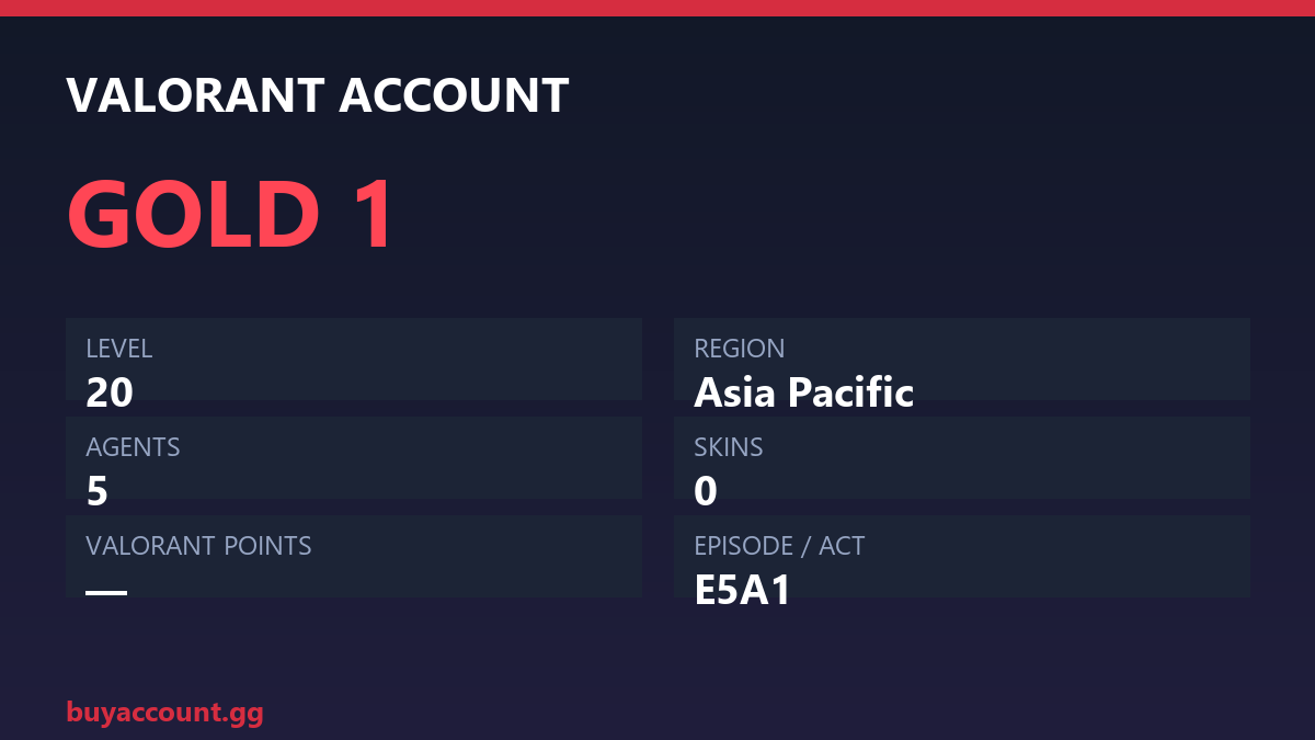 Valorant Account — Gold 1 | Level 20 | 5 Agents | AP — Gold Valorant