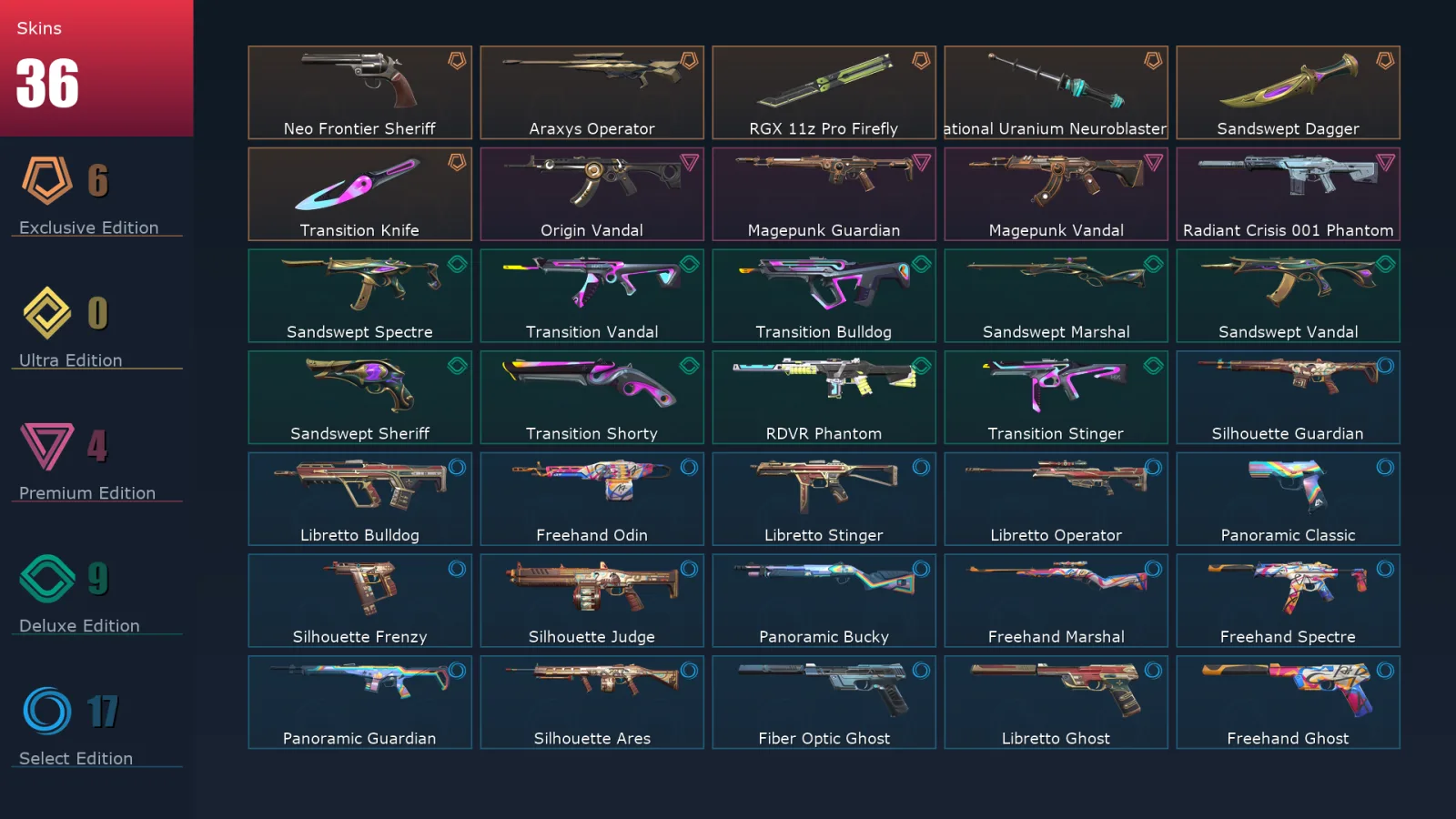 [Valorant] | EU | Level 123 | Gold 2 | 26 Agents | 36 Skins