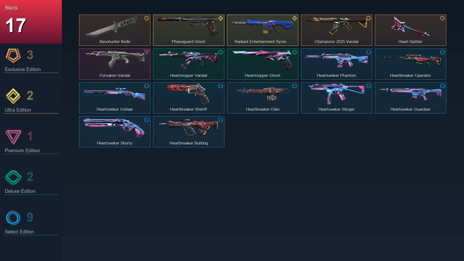EU | Lv45 | Unranked | 17 Skin | 13 Agent | 23 Buddy — Heartbreaker Operator